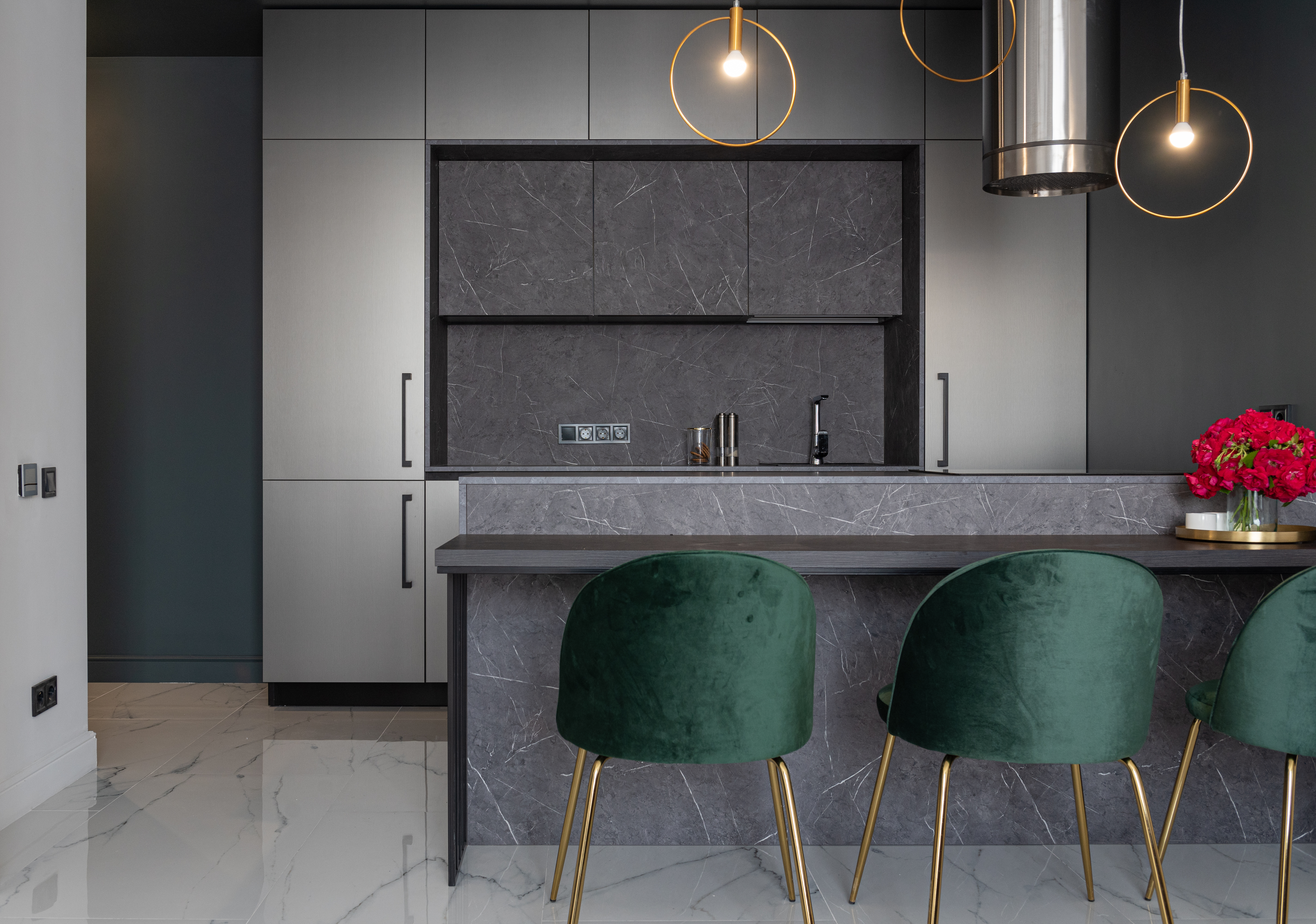 Stylish interior design of kitchen with furniture
